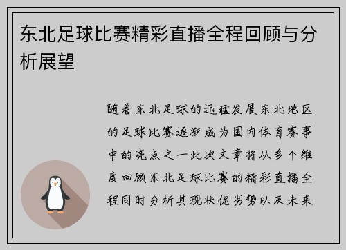 东北足球比赛精彩直播全程回顾与分析展望